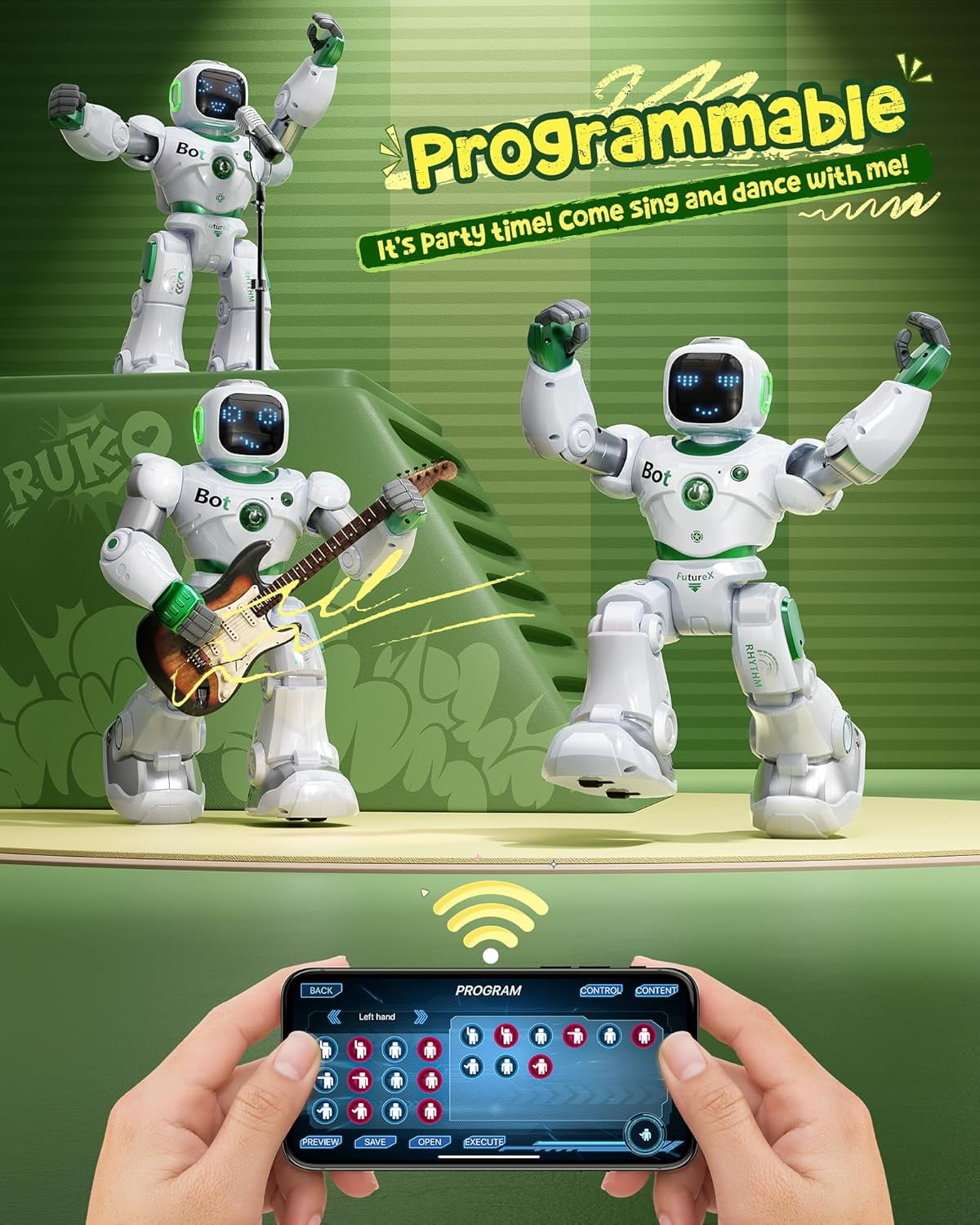 Ruko 1088 Smart Robot for Children, Large Programmable RC Robot with Voice and App Control, Gift for Kids 4-9 Year Boys and Girls, Green