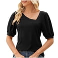thumbnail image 1 of ICHUANYI Clearance Women's Summer Solid Color Casual V-neck Bubble Short Sleeve V-neck Top/Shirt(Black, XL) ICHUANYI WER2023081402159, 1 of 5