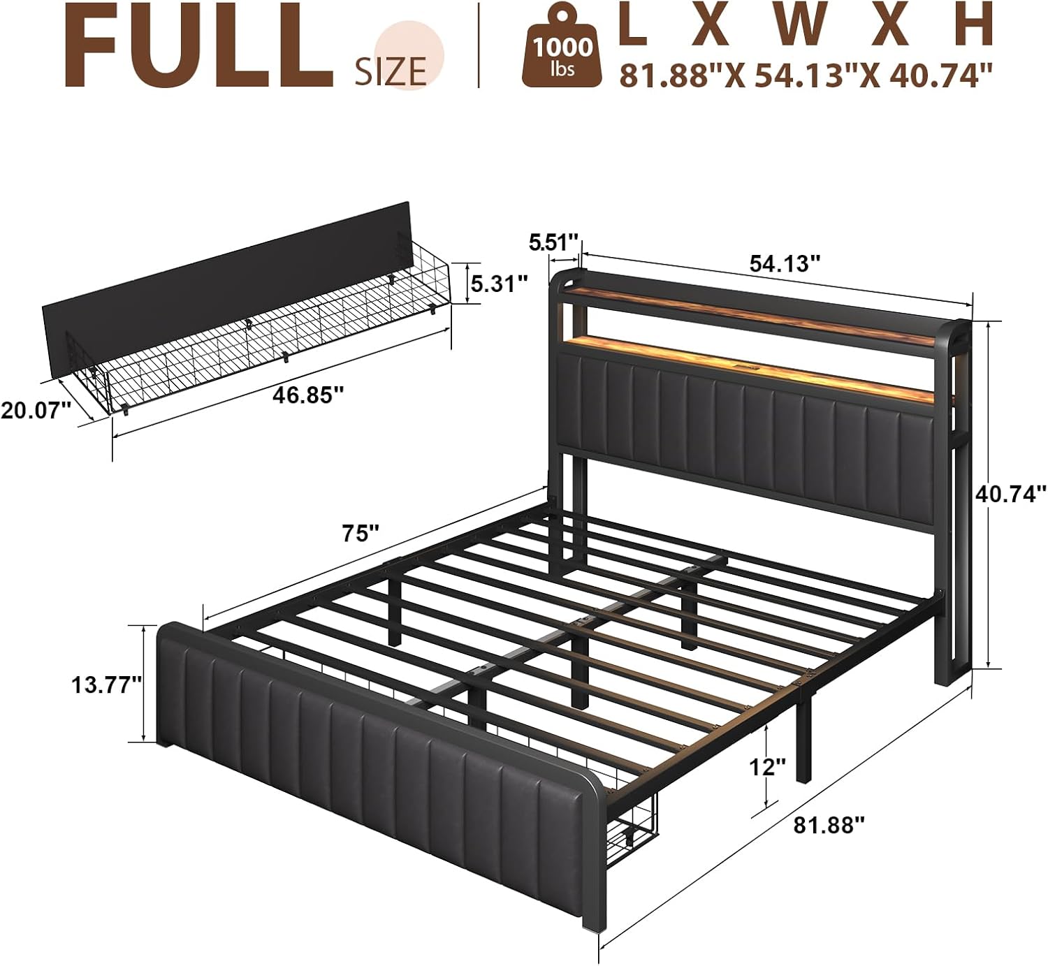 Full Size Bed Frame with Storage Drawer, LED Upholstered Platform Bed with Charging Station, Metal Slats, Black