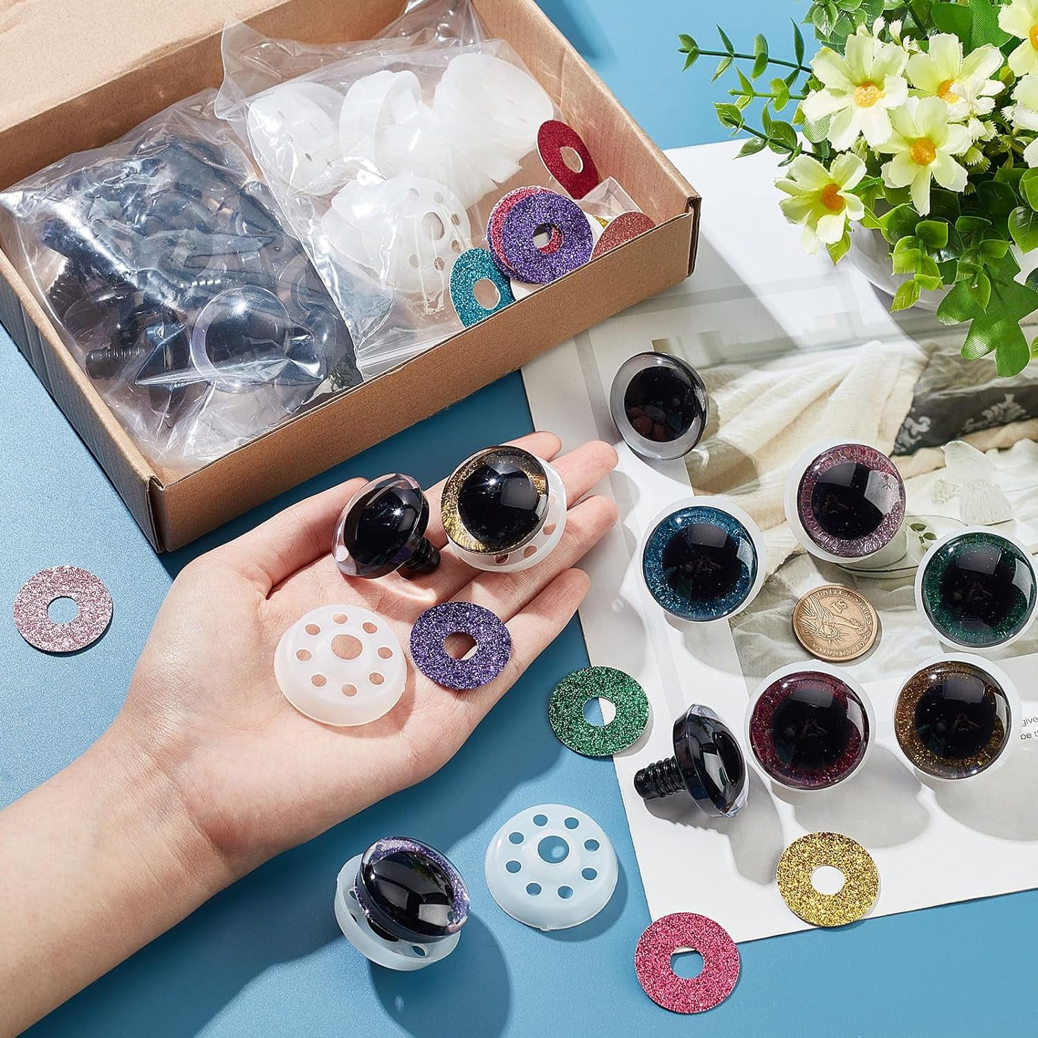 PH 24 Sets Plastic Safety Eyes 6 Colors Stuffed Glitter Animal Eyes 35mm Craft Crochet Eyes for Teddy Bear Amigurumi Craft Puppet Plush Animal Making for DIY