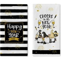 Happy New Year Y'all 2026 Gnome Kitchen Dish Towels Set of 2, Black Gold Champagne Cheers Drying Hand Towel Baking Cooking Cloth, Christmas Winter Stripes Bathroom Home Decoration 16 x 24 Inches