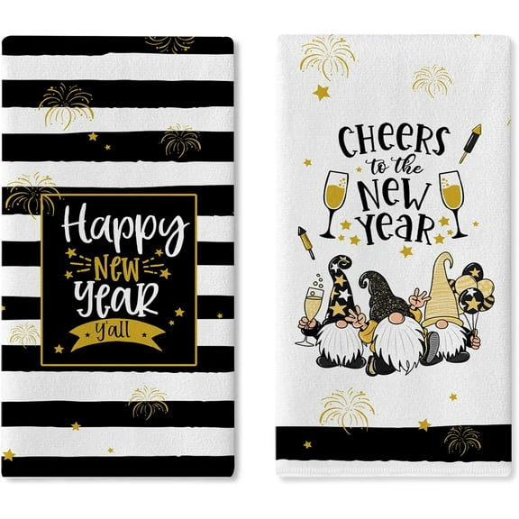 Happy New Year Y'all 2026 Gnome Kitchen Dish Towels Set of 2, Black Gold Champagne Cheers Drying Hand Towel Baking Cooking Cloth, Christmas Winter Stripes Bathroom Home Decoration 16 x 24 Inches