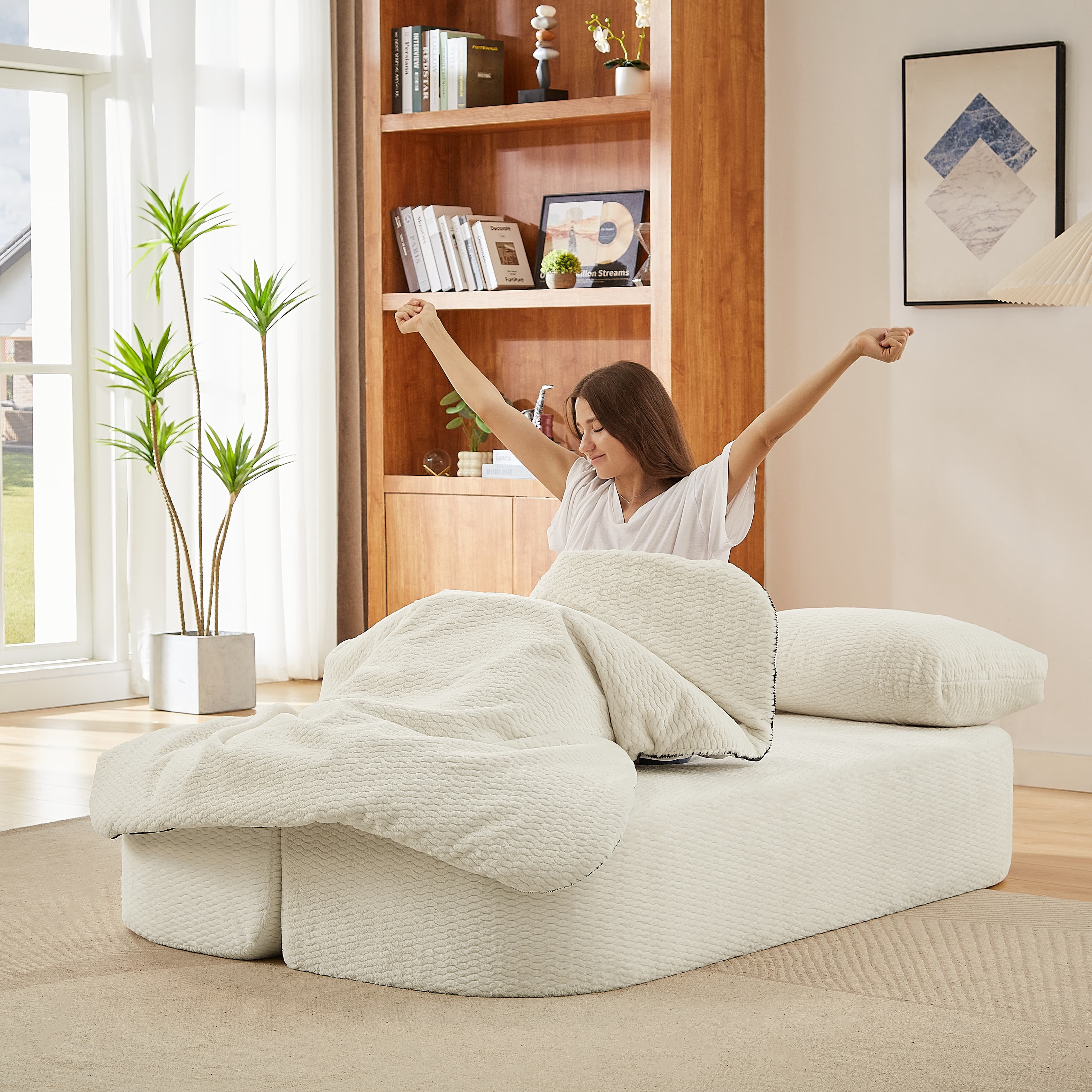 MAYEERTY Convertible Plush Sofa Bed, Modern Folding Compression Sleeper Couch for Living Room, 75*41*26"Cream