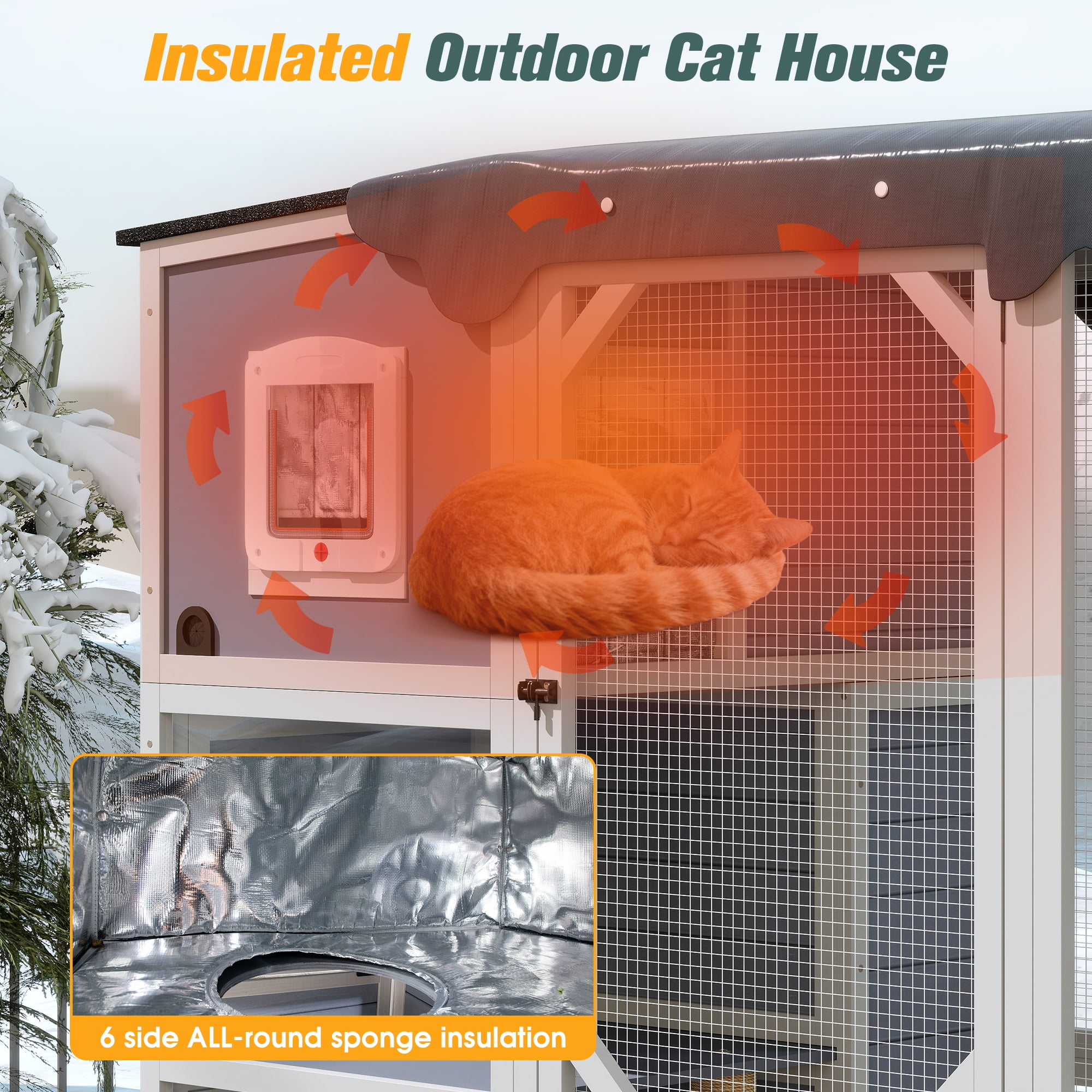 COZIWOW Insulated Outdoor Cat Catio, Large Wood Cat Enclosure with Weatherproof Roof, 2 Resting Rooms, 2 Platforms, 4-Tier Cat Playpen (Grey-Insulated)
