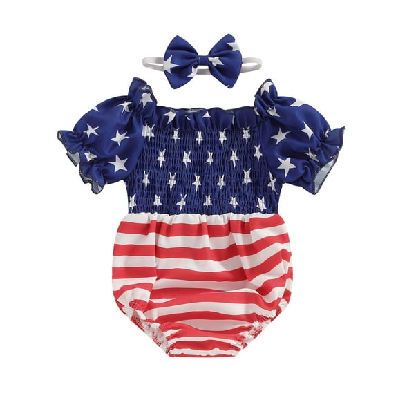 Musuos 4th of July Baby Girls Rompers 6 12 18 24Months Stripe Stars Print Boat Neck Short Sleeve Infant Bodysuits with Headband