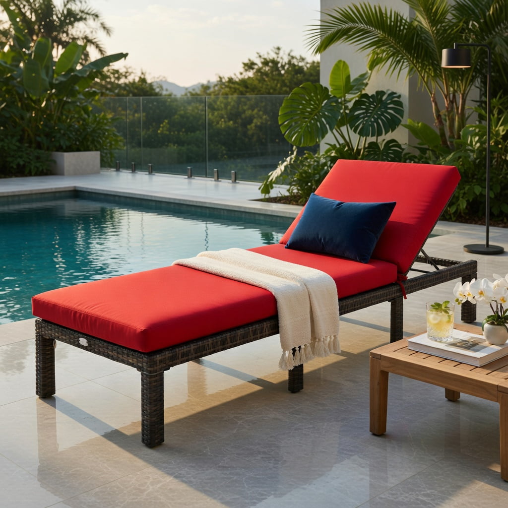 Hommoo Adjustable Outdoor Rattan Chaise Lounge Chair with Removable Cushion & PE Rattan, Perfect for Patio, Poolside & Garden, Red
