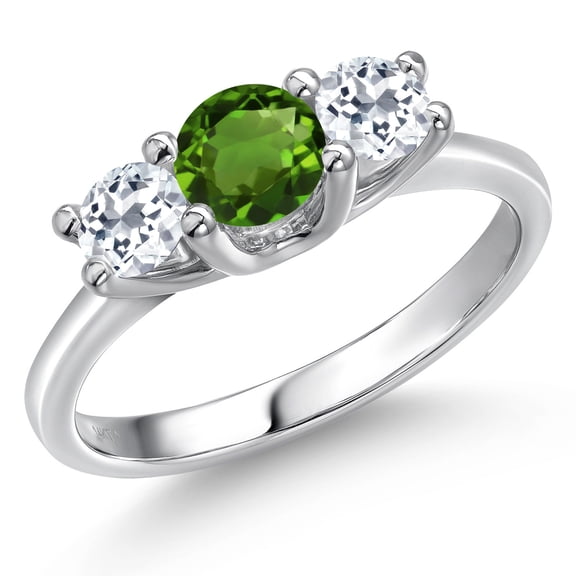 Gem Stone King 14K White Gold Green Chrome Diopside & White Topaz 3-Stone Engagement Ring | 1.16 Cttw | Round 5MM and 4MM | Three Stone Wedding Anniversary Promise Ring for Women (Size 9)