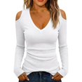 thumbnail image 2 of Cold Shoulder Ribbed Top for Women Long Sleeve Slim Fit Deep V Neck Fitted Knit Shirt Fall Versatile Comfy Casual Basic Blouse White S, 2 of 7