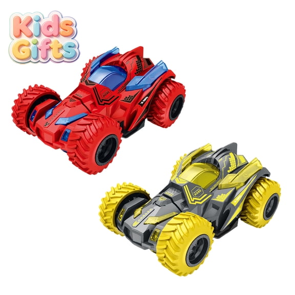 2 Pack Friction Powered Double Sided Flip Stunt Car,4WD Inertial All Terrain Off Road Push Toy Truck, Anti-Slip Shockproof Rubber Tire Vehicle, Christmas Birthday Gift for Kids Boys Girls Ages 3