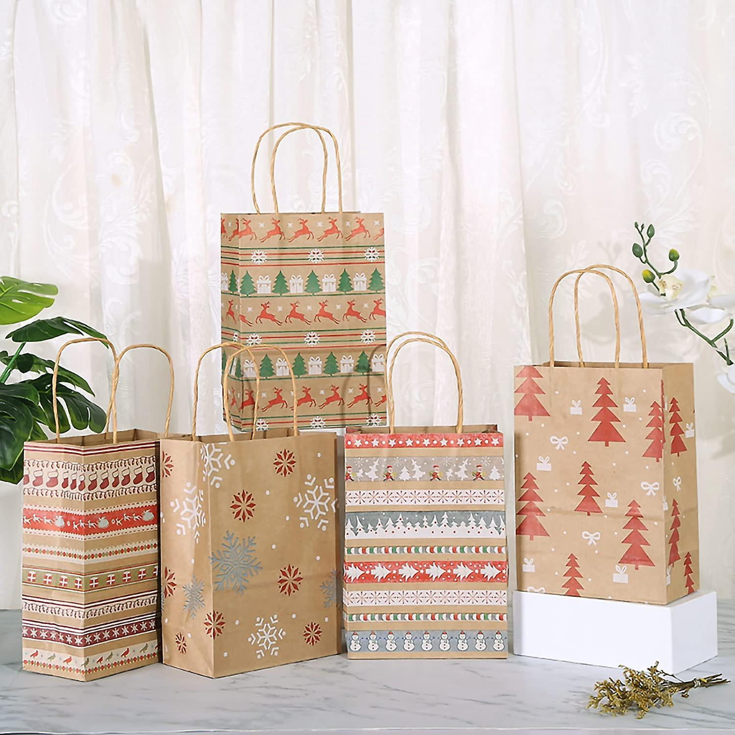 Waca09 Kraft Christmas Gift Bags 20 Assorted Style Bags Christmas Paper Bags With Handles Christmas Gift Bags With Christmas Prints For Gift Wrapping