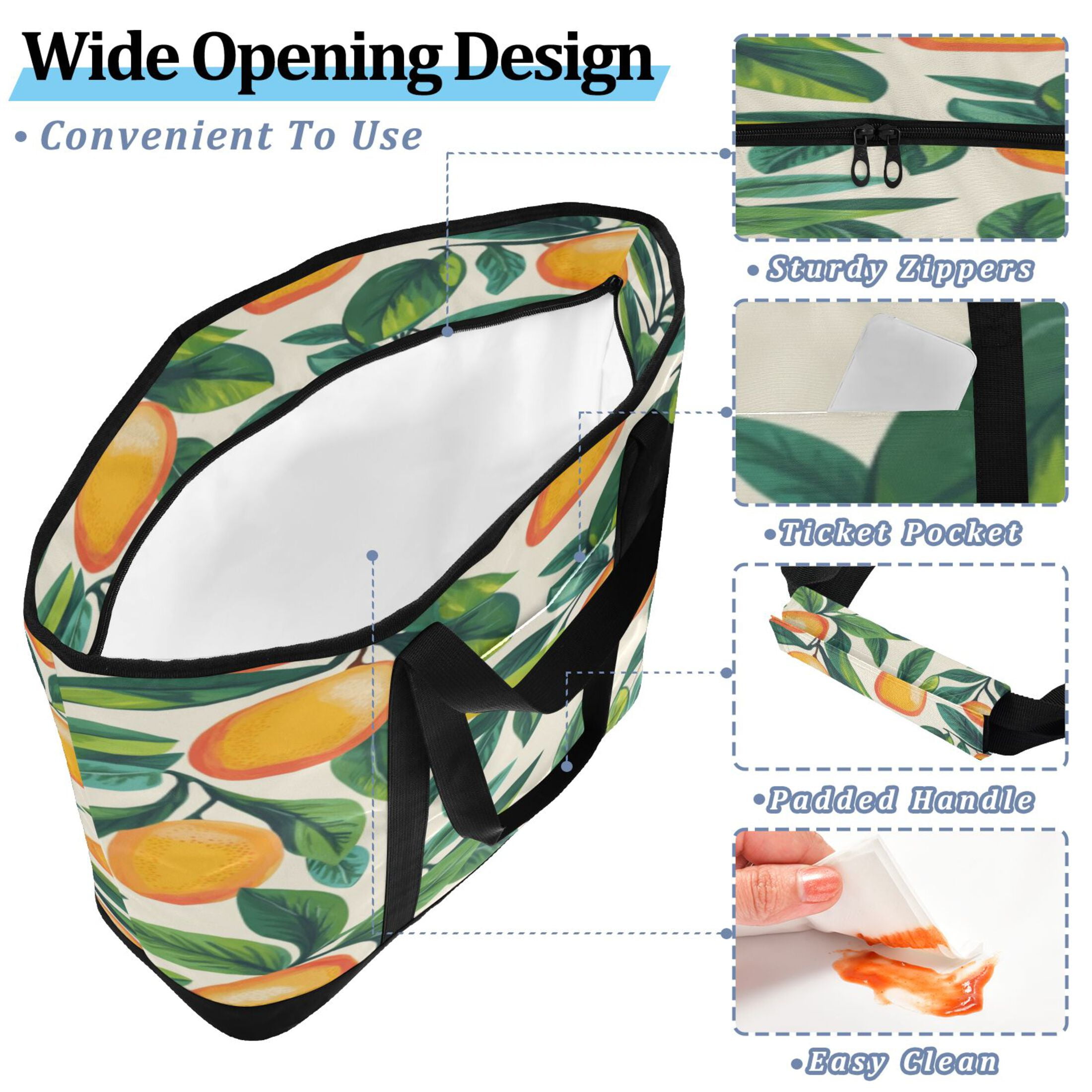 Large Hand-held Ice Pack Picnic Bag Insulation and Refrigeration Suitable for Shopping Picnics and Camping Lemons and Leaves