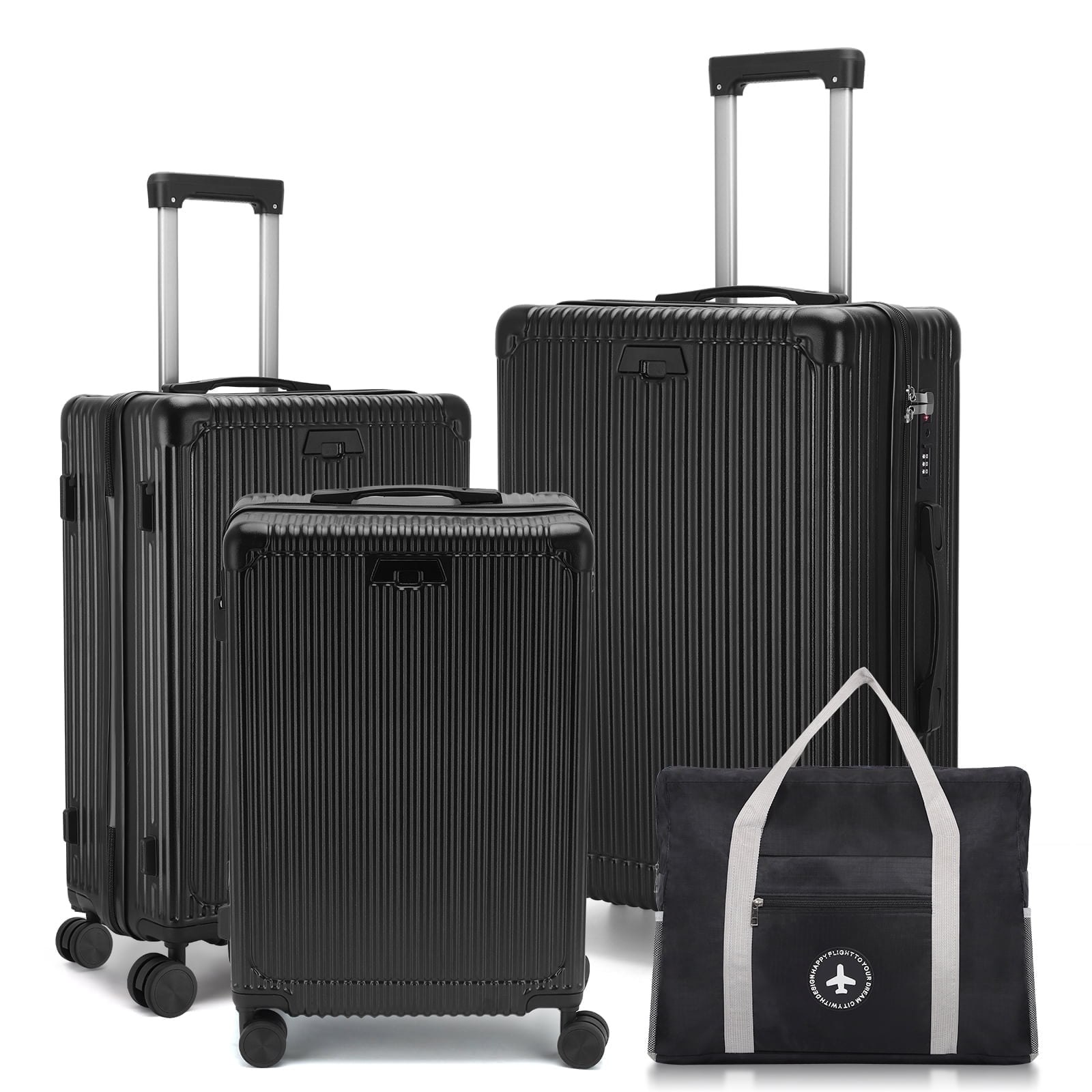3 Piece Hardside Luggage Set, Hardshell Lightweight Suitcase with Duffel Bag, Double Spinner Wheels, USB Port, Cup Holder, TSA Lock ,Side Hook 20in24in28in.(Black)