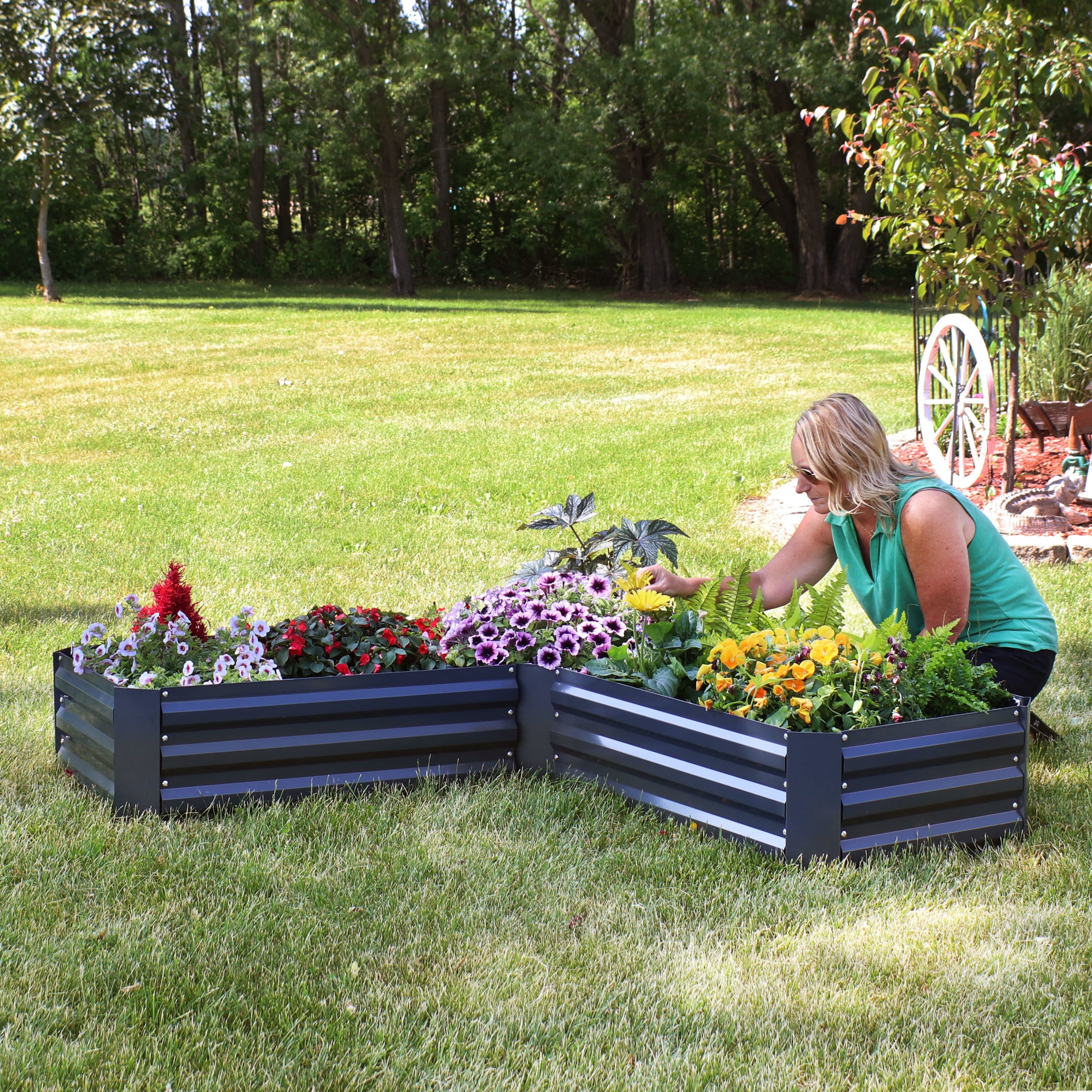 Sunnydaze 59.5" x 59.5" x 11.75" L-Shaped Dark Gray Galvanized Steel Raised Garden Bed