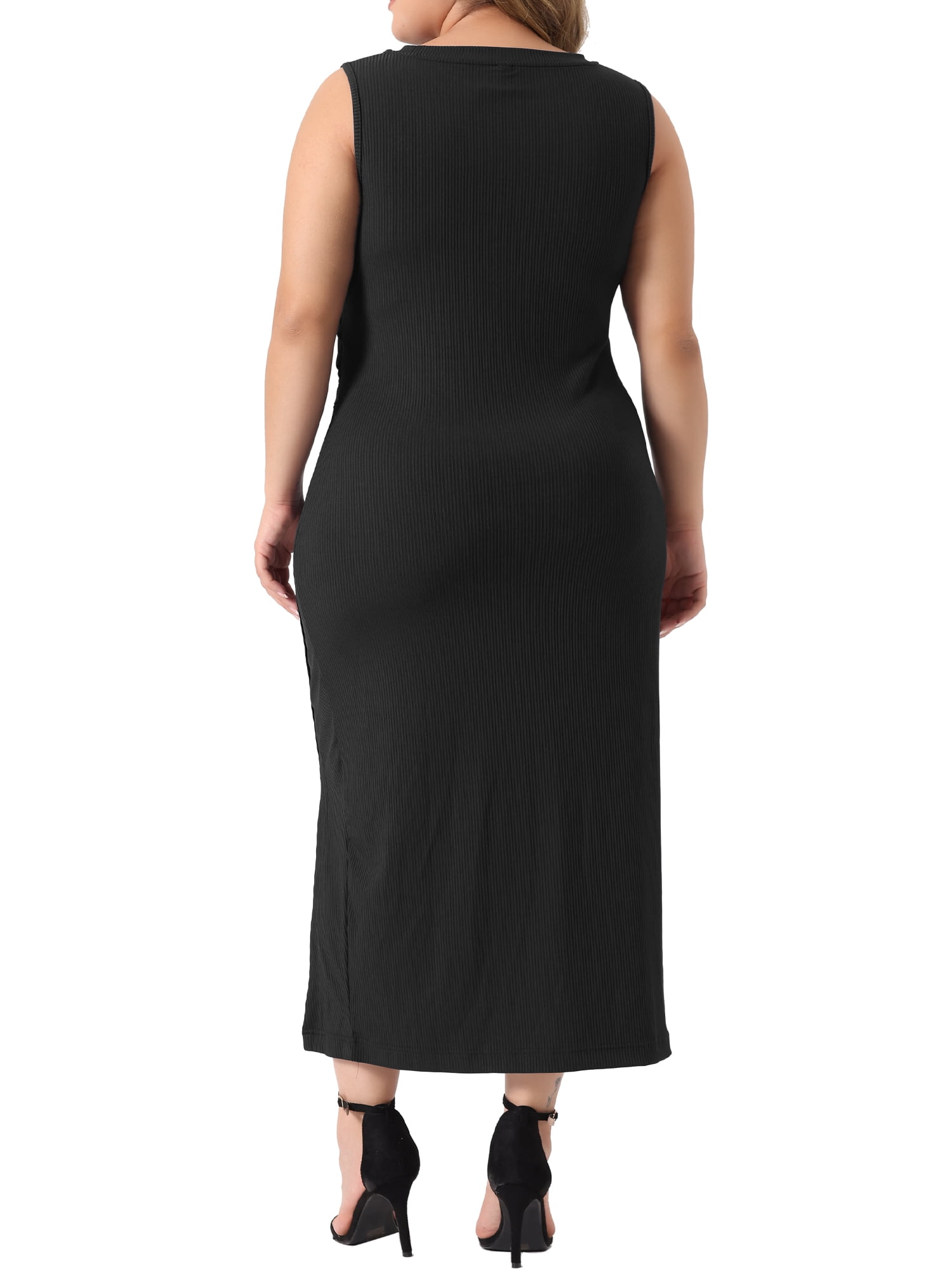Unique Bargains Women's Plus Size Elegant Knit Slit Tank Midi Ruched Bodycon Dresses 2X Black