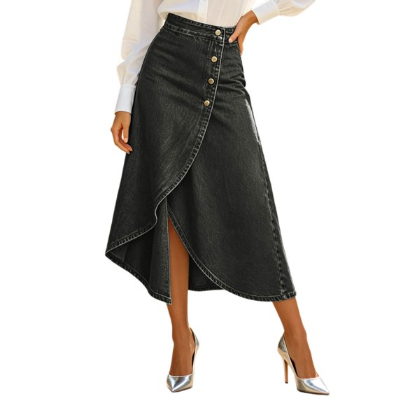 ZHOGXU Modern Midi Skirts For Womens Solid Color High Waist Wrap Button Front With Slit Outdoor Shopping Dating
