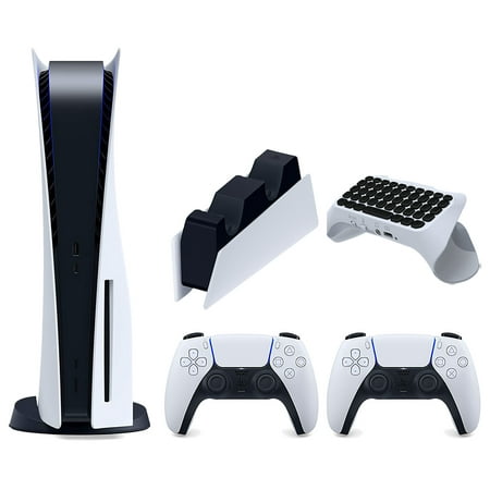 Sony Playstation 5 Disc Version Console with Extra White Controller, DualSense Charging Station and Surge QuickType 2.0 Wireless PS5 Controller Keypad Bundle