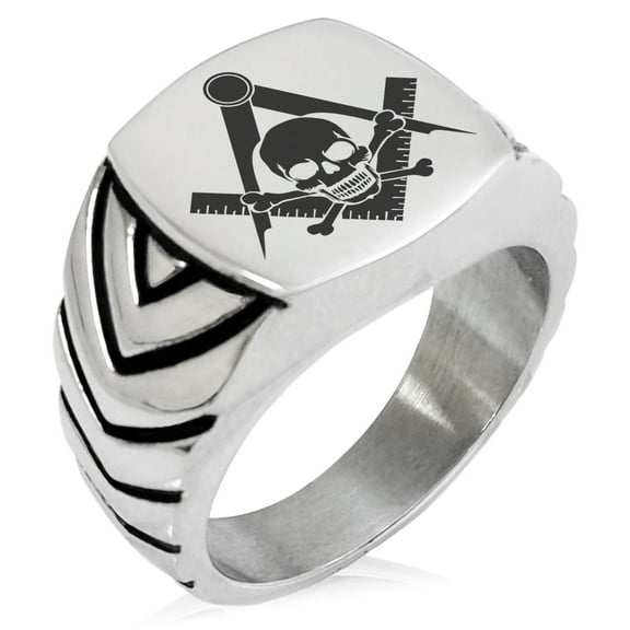 Stainless Steel Freemasons Masonic Skull & Crossbones Chevron Pattern Biker Style Polished Ring