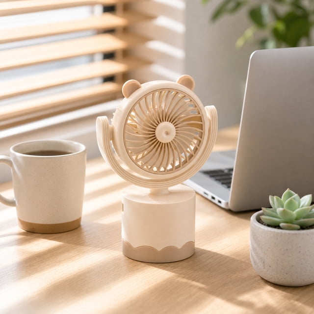 Miniventilador portátil de mano con alimentación USB recargable, diseño compacto, flujo de aire silencioso, agarre ergonómico para uso en exteriores, viajes, oficina y interiores.