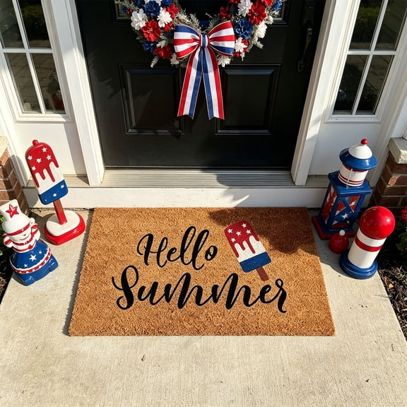 HCBY Patriotic Popsicle Coir Doormat, Red White Blue USA Flag Print Entry Floor Rug, Non Slip Synthetic Coconut Fiber Welcome Mat, 4th July Memorial Day Front Door Porch Indoor
