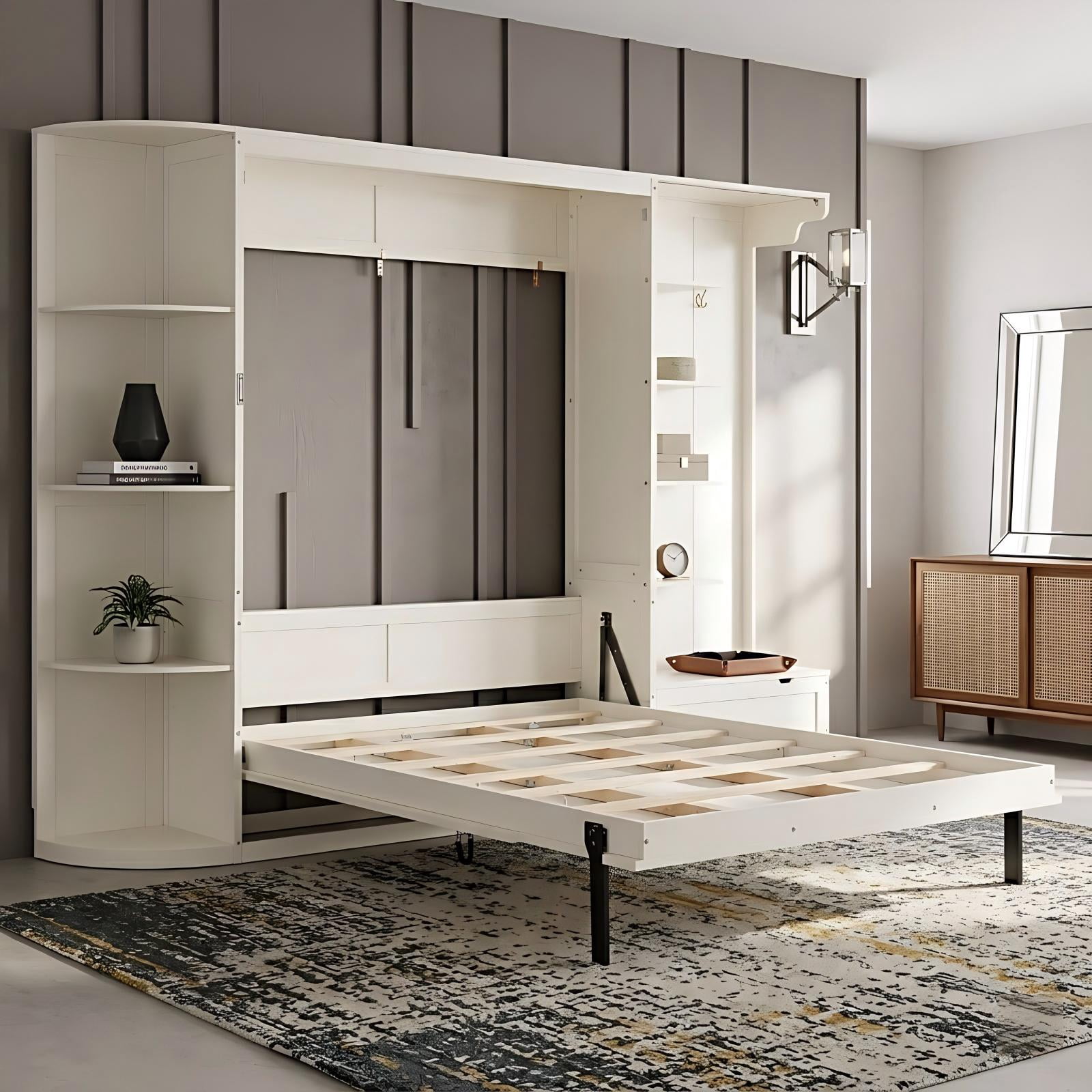 Aukfa Queen Murphy Bed with Storage & LED Lights, Space-Saving Modern Wall Bed Cabinet with Shelves & Hanging Hook for Small Spaces, Guest Room, Home, White