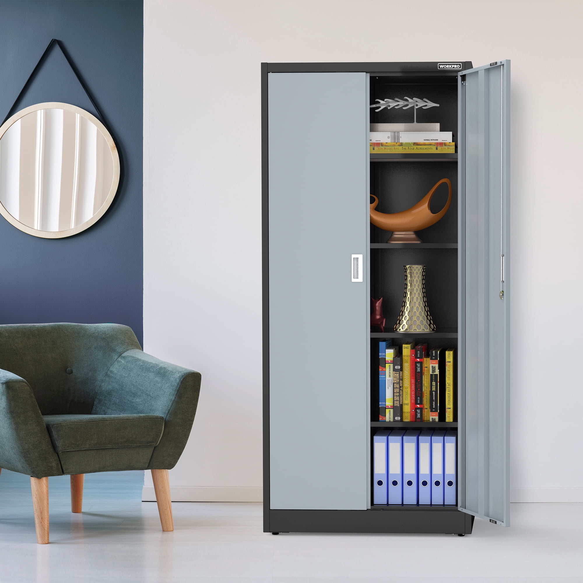 WORKPRO Metal Garage Cabinet with 5-Shelf, 5-Drawers, Freestanding Garage Cabinet, Solid Packed, Black & Gray, 1 Count