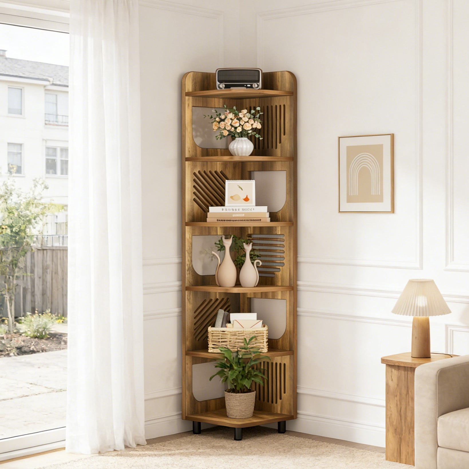 Fnova 71" 6-Tier Tall Corner Bookshelf, Rustic Wooden Narrow Corner Bookcase with Artistic Square Rack, Freestanding Display Storage Shelf for Space-Saving Home Organizing