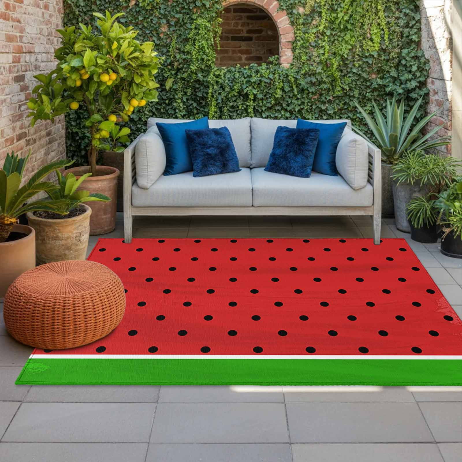 5' x 8' Outdoor Rug, Watermelon Outdoor Washable Rug Large Floor Carpet, Black Polka Dots Green Summer Fruits Non Shedding Area Rug for Outside Patio RV Porch Deck Balcony Camping Living Room