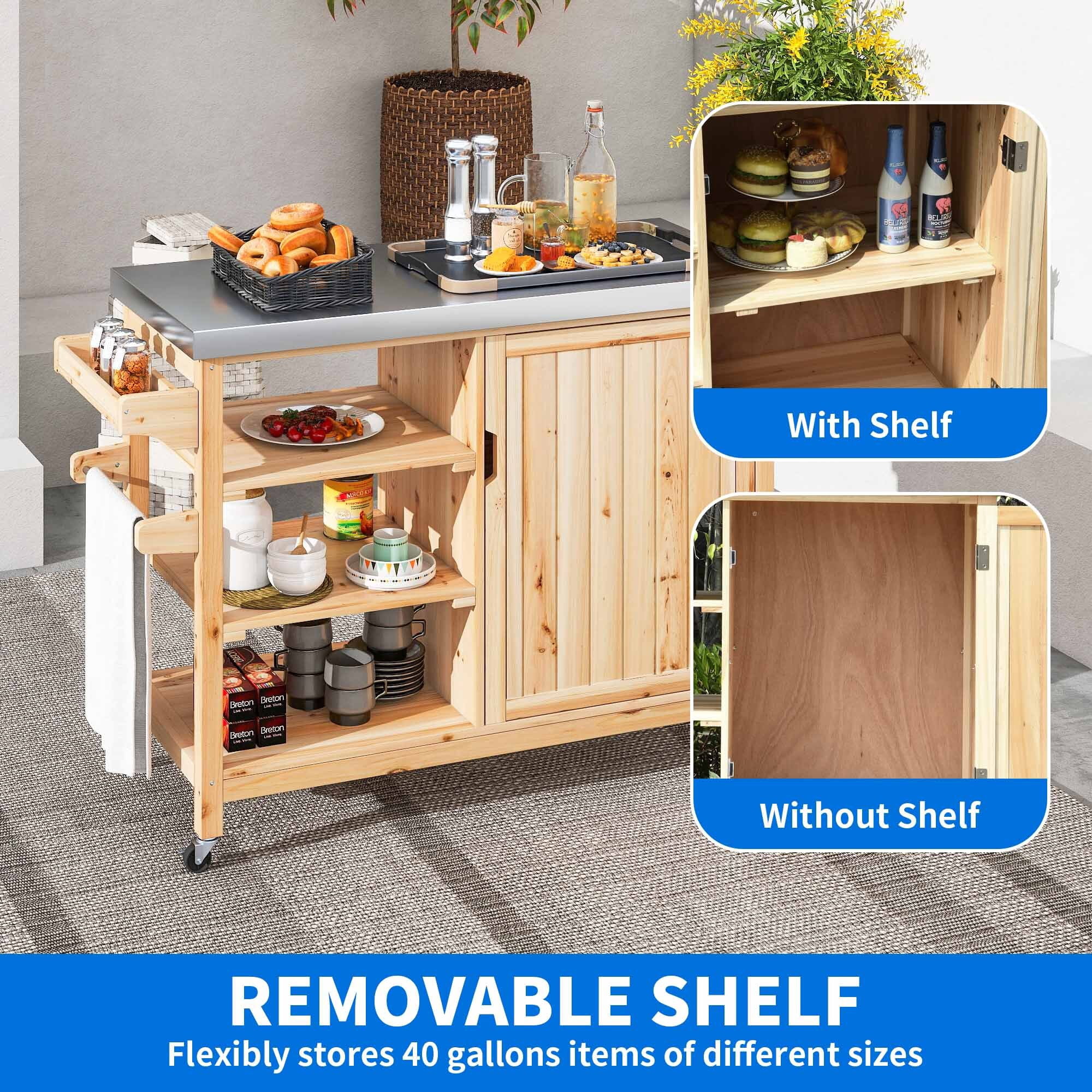 Uforic Outdoor Grill Table Solid Wood Storage Cabinet, Rolling Kitchen Island, Movable Bar Cart with Stainless Steel Top