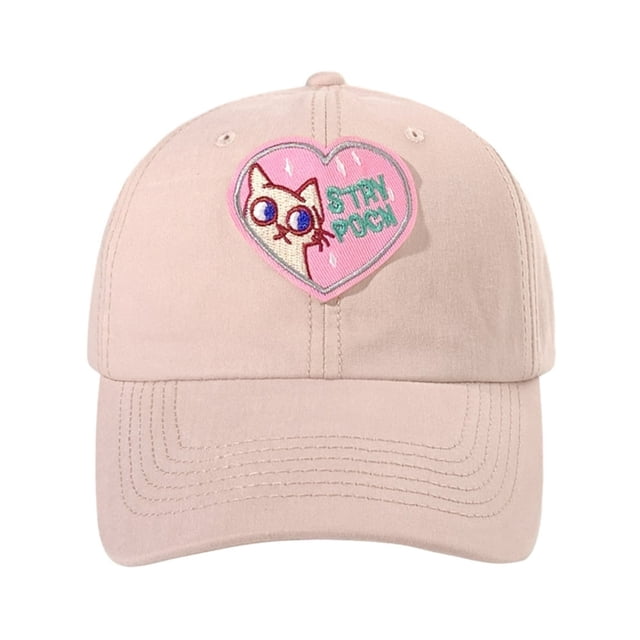 Women Extended Brim Summer Baseball Hat Embroidery Heart Cat Pattern Adjustable Soft Top Sunscreen Tennis Hat