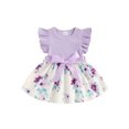 thumbnail image 2 of Baby Girls Dress Floral Print Ribbed Knit Round Neck Fly Sleeve Casual Dress Summer Fashion Princess Dress with Belt, 2 of 10