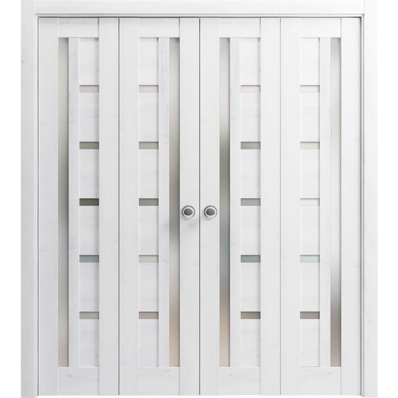 Sliding Closet Double Bi-fold Doors | Quadro 4088 Nordic White with Frosted Glass | Sturdy Tracks Moldings Trims Hardware Set | Wood Solid Bedroom Wardrobe Doors