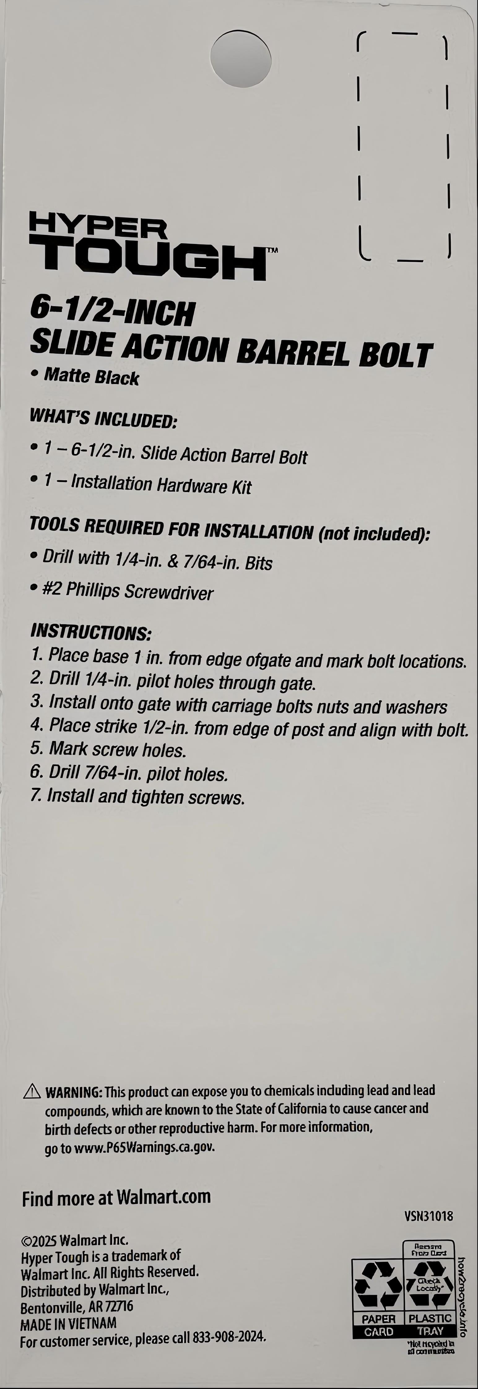 Hyper Tough 6-1/2 in Slide Action Barrel Bolt, Steel, Black