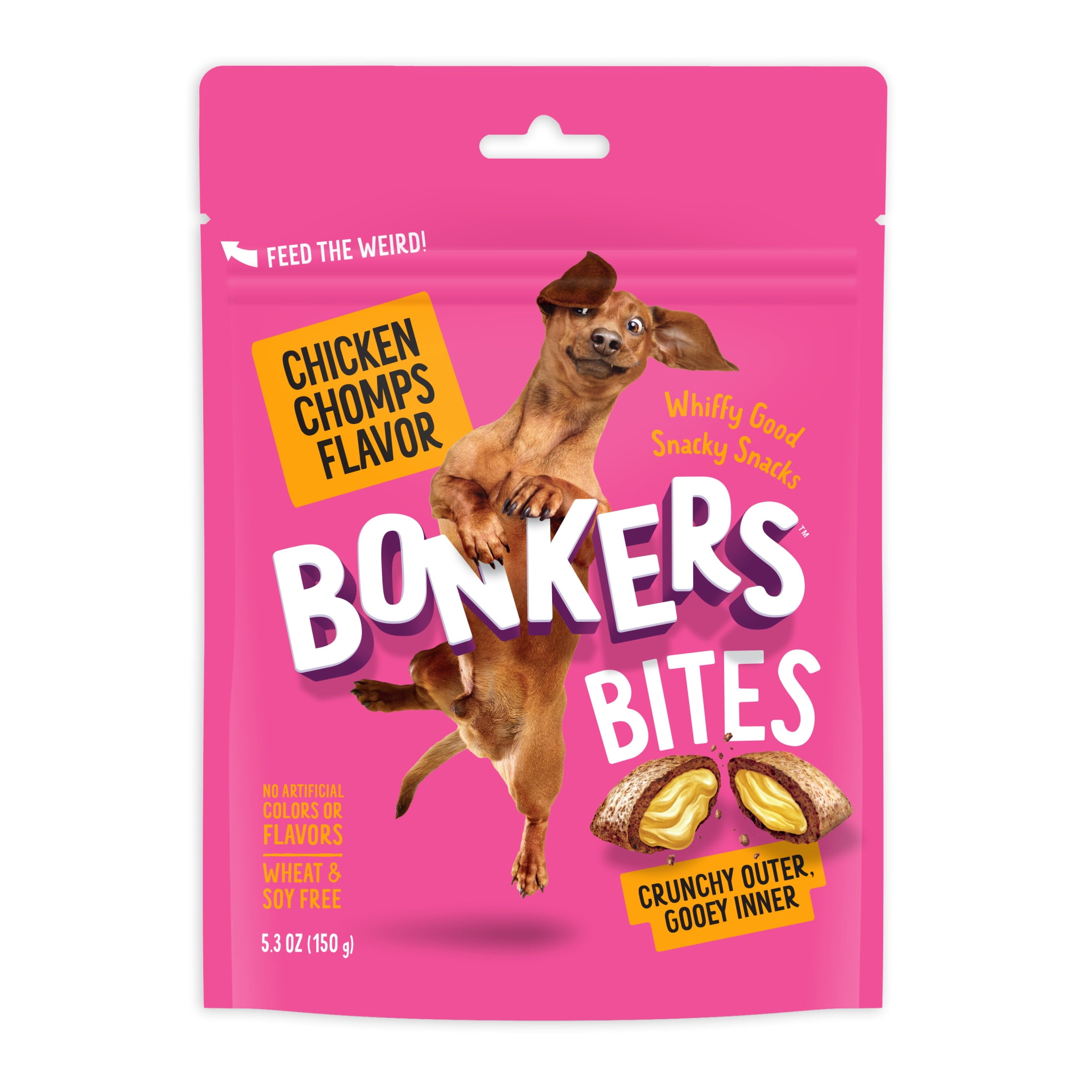 (6 pack) BONKERS Bites Chicken Chomps Flavor Crunchy & Soft Treats for Dogs, 5.3oz Bag