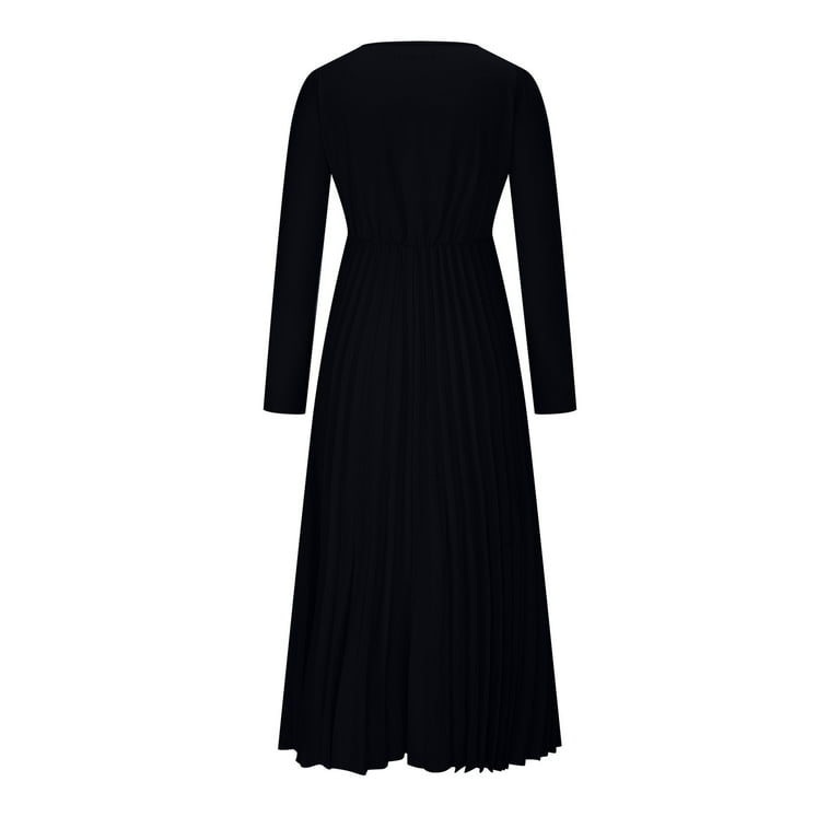 Bpmpbo Women's V-Neck Maxi Dress with Long Sleeves, Tie-Waist Belt and Flowy Pleated Skirt Fashion High Waist Shirt Dress, Size: Small, Black