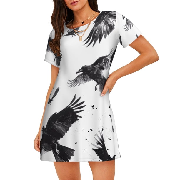 Disketp Monochrome Flying Ravens para Camisón Corto de Manga Corta para Mujeres, Camisón Cómodo con Escote Redondo, Bonito y Confortable