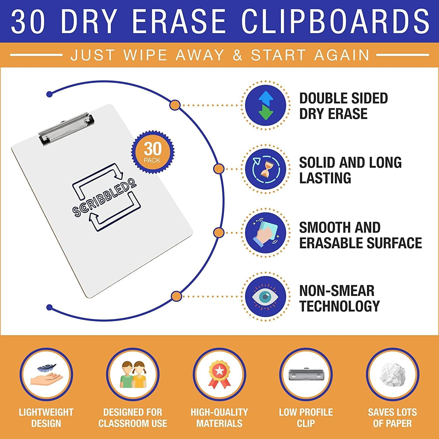 30 Pack Double Sided Dry Erase Clipboards 9"x12" Durable Clipboards Bulk with 30 Dry Erase Erasers, Dry Erase Clipboard with Low Profile Clip for School, Classroom and Home Use