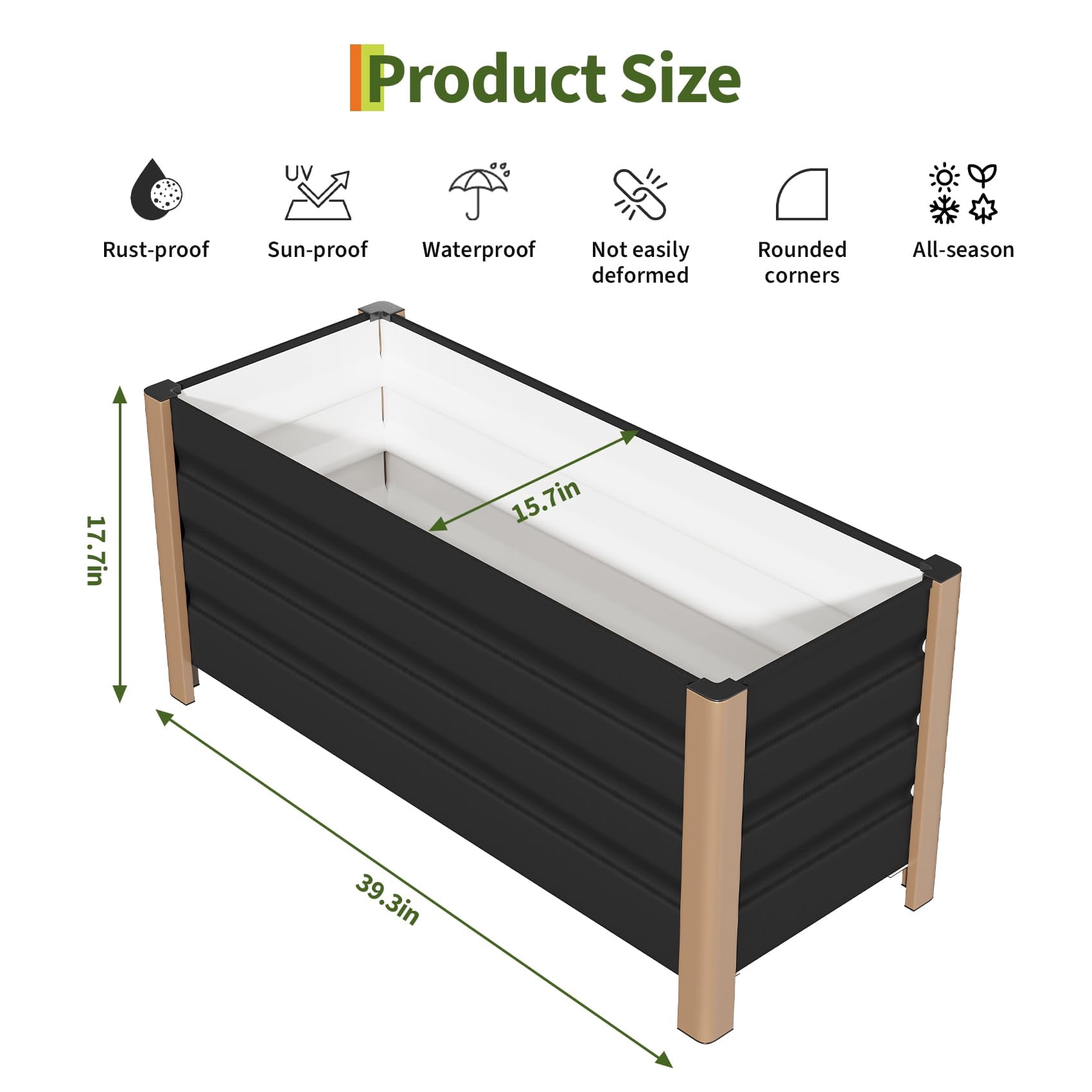 Garvee Aluminum Planter Box, Raised Garden Bed with Drainage Holes, 39.3" x 15.7" x 17.7", Black