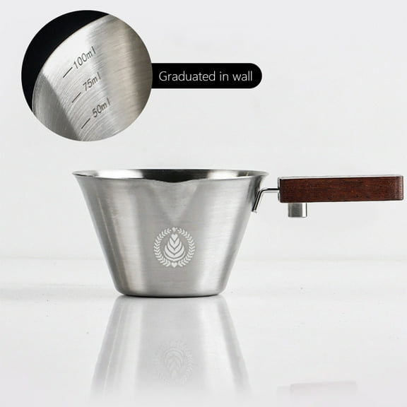 Deeceymbur Stainless Steel Espresso Shot Cup 6.8oz/200ml - Dual Scale Measuring Glass with Wood Handle & Single Spout, Barista Demitasse