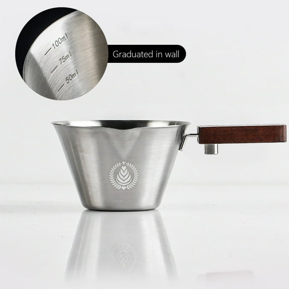 Taza medidora de café de acero inoxidable con mango de madera - vaso de espresso marcado como onza para una extracción precisa