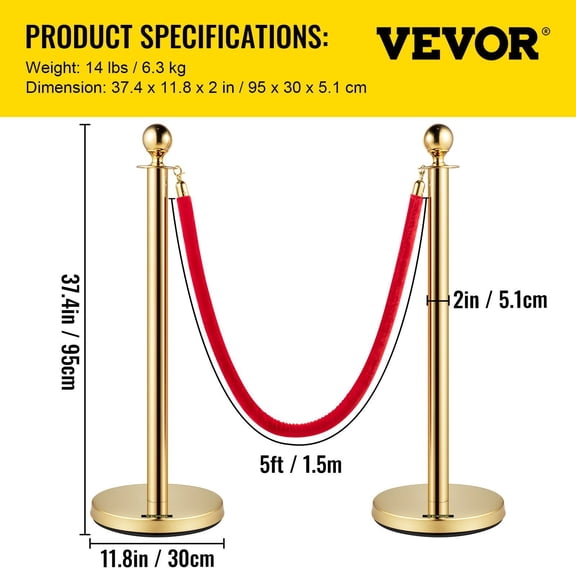 6-Pack Stainless Steel Gold Stanchion Posts with Red Rope - 38In Retractable Queue Barrier for Indoor & Outdoor Events - Heavy Duty Crowd Control
