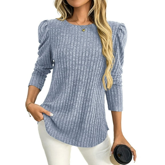 zbxnLI Womens Knitted Tops Crew Neck Puff Long Sleeve Textures Sweaters Casual Fashion Loose Comfy Tunic Clothes
