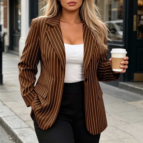 FDGIU Women's Vertical Pinstripe Single Button Blazer Jacket, Notched Lapel Long Sleeve Loose Fit Suit Coat with Flap Pockets for Office Business Casual Spring Fall Daily Layering
