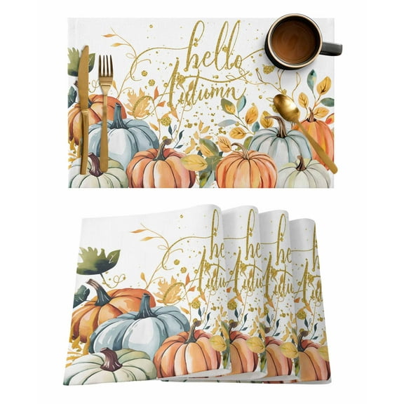 Watercolor Pumpkin Placemats Set of 12 Fall Plant Leaf Thanksgiving Gold Glitter Heat Insulation Washable Place Mats, Rustic Non-Slip Table Mats for Dining Table Party Kitchen Decor,13x19 Inch