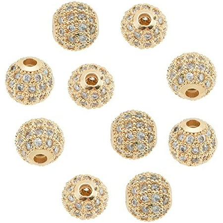 10Pcs 8mm Golden Cubic Zirconia Brass Beads Clear Gemstones Cubic Zirconia CZ Stones Micro Pave Setting Disco Ball Spacer Round Beads