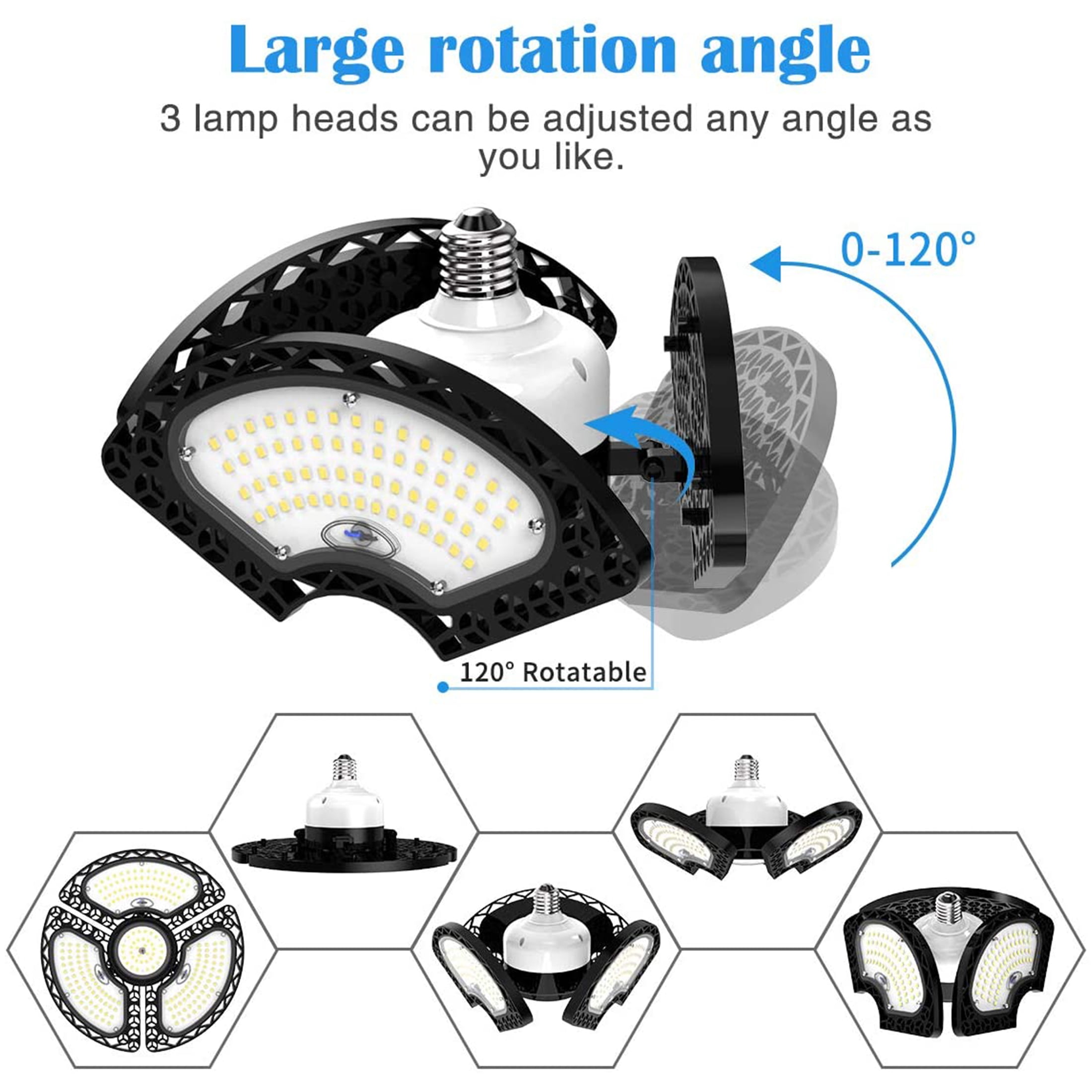 LED Garage Lights, 80W Deformable LED Garage Ceiling Lights 18000 Lumens Led Shop Lights for Garage, Garage Lights with 3 Adjustable Panels