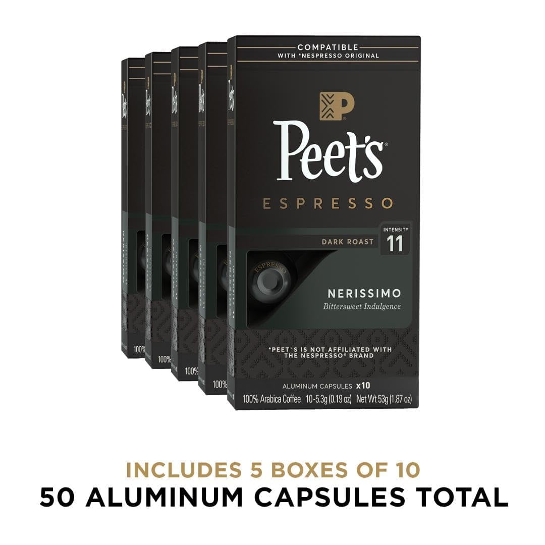 Peet's Coffee, Dark Roast Espresso Capsules, Compatible with Nespresso Original Machine, 100% Arabica Coffee - Nerissimo Intensity 11, 50 Count (5 Boxes of 10 Espresso Capsules)