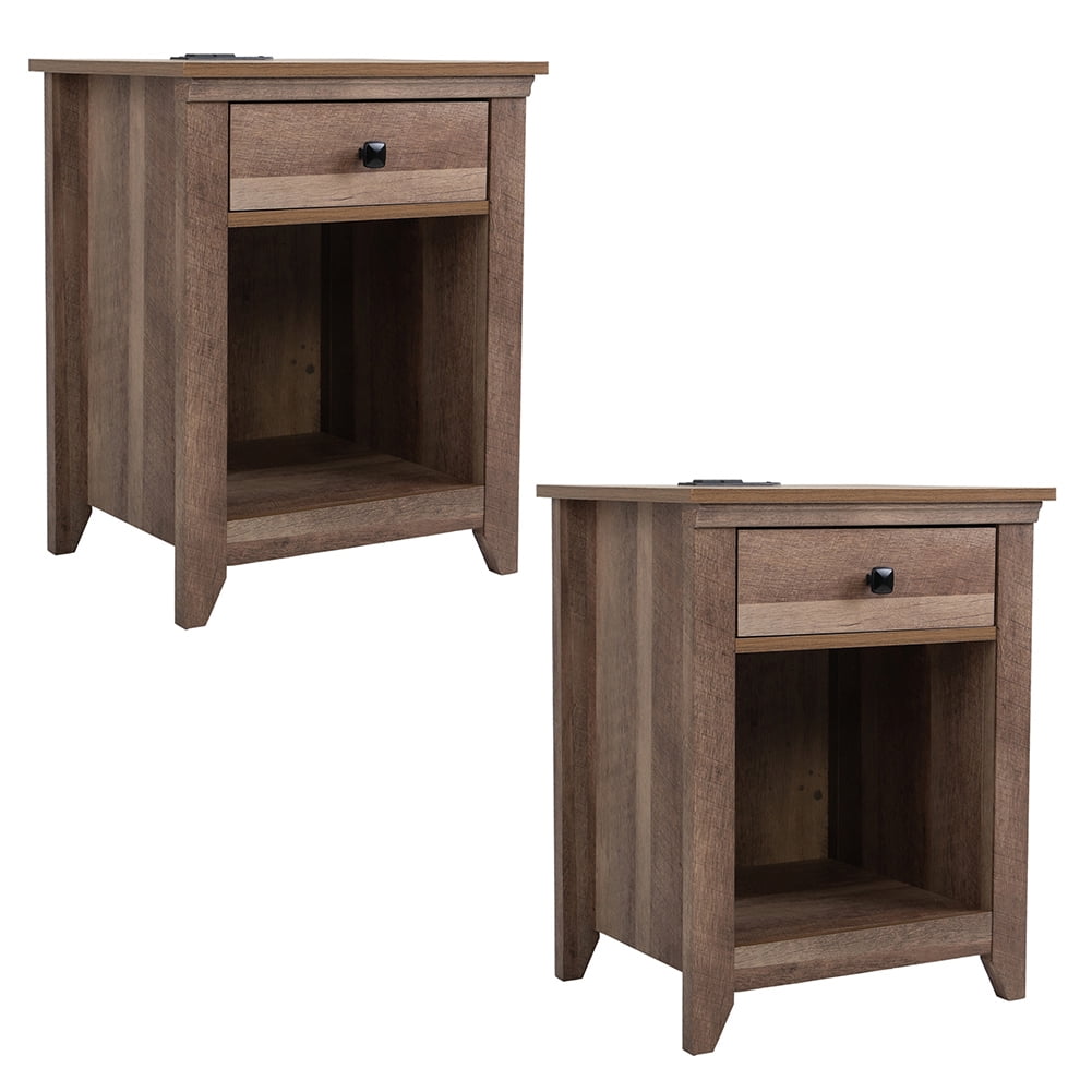 Kadyn Set of 2 Farmhouse Bedside Table for Sofa Couch, Wood Bedside Cupboard with Charging Station for College Dorm, Drawer and Open Compartment, Light Brown Kadyn Set of 2 Farmhouse Bedside Table for Sofa Couch, Wood Bedside Cupboard with Charging Station for College Dorm, Drawer and Open Compartment, Light Brown