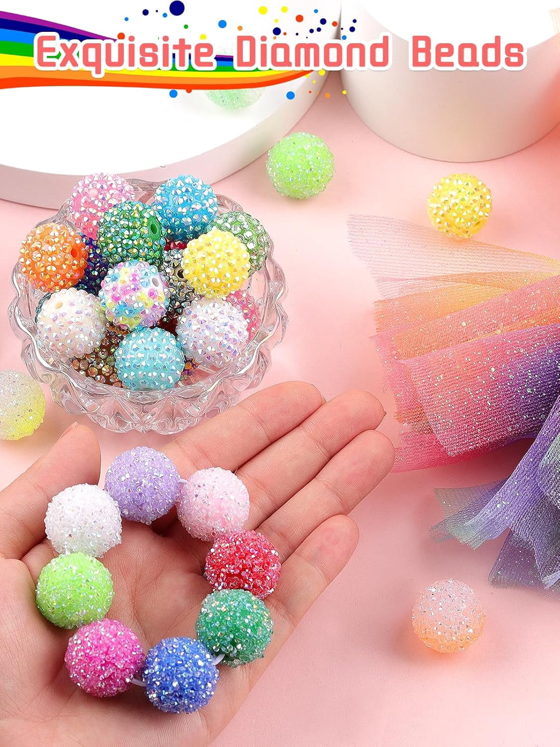 Kalolary 120PCS 20mm Multicolor Resin Rhinestone Pave Disco Ball Beads - Sparkly Round Crystal Bubblegum Beads for Jewelry Making & DIY Crafts