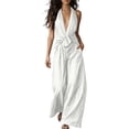 thumbnail image 2 of IUYRTFE Women's Sleeveless Halter Neck Tie Waist Wide Leg Jumpsuit with Pockets Casual Long One Piece Romper, 2 of 7