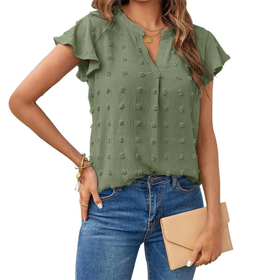 ALLLIST Short Sleeve Women's Tops Summer V Neck Blouse Plain Fashion Green Flounce Ladies Tops